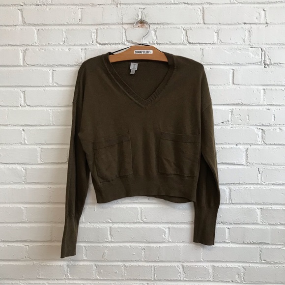 TRISTAN khaki boxy long sleeve V neck sweater - Picture 1 of 3